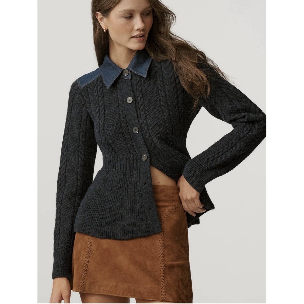 Anthropologie Pilcro Peplum Cable Cardigan Sweater Navy Size Small NEW